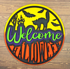Halloween Welcome Sign for Front Door, Haunted Black Cat Wooden Wall Decor OOAK