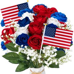 28 Pcs Red White and Blue Flowers, Patriotic Memorial Bouquet Atificial Flowe…