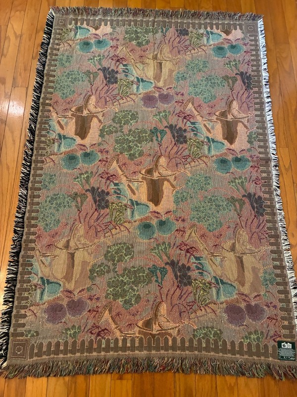 Vintage GARDEN TAPESTRY BLANKET Throw 68x45 Crown Crafts FRINGE Picket Fence gallery