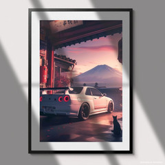 Skyline R34 GTR Poster Mount Fuji Sunset Japanese JDM Wall Decor
