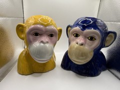 Set Of 2 Monkey Bust Ceramic Planter/Vase Glossy Blue and Yellow