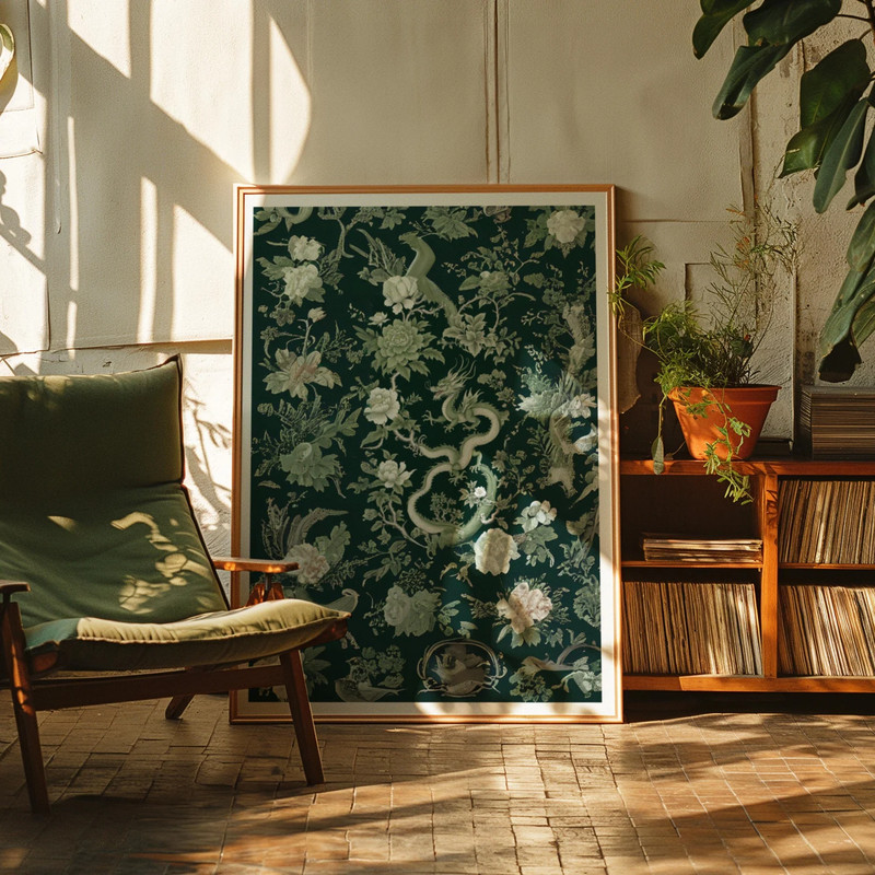Green Botanical Dragon Chinoiserie Art Print, Framed Chinoiserie Decor Asian Art gallery