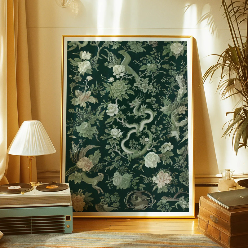 Green Botanical Dragon Chinoiserie Art Print, Framed Chinoiserie Decor Asian Art gallery