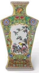 CHINESE GREEN FAN BIRDS FLORAL PORCELAIN PETITE VASE-10.25″H