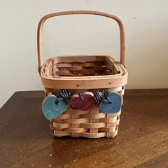 Small Woven Wood Basket Handle Triple Heart Charms Primitive Country Decor