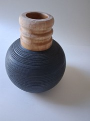HomeGoods Black & Natural Wood Decorative Vase – Textured Round Modern Accent