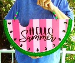 HELLO SUMMER Striped Watermelon Sign Wood Plaque Door Hand Crafted Wooden Pink
