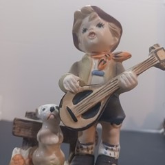 Ceramic Figurine Boy With Dog Playing String Instrument, Multicolor, 5 in