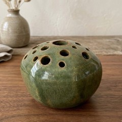 Vintage Studio Pottery Green Glazed Ceramic Flower Frog Multi Hole Bud Vase