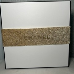 CHANEL White Gold Ribbon Empty Gift Box Container 8.5″ x 8.5″ x 4″ Home Decor