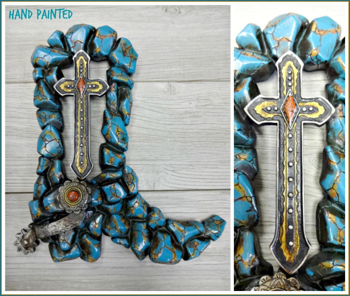 Western Country Rustic Turquoise COWGIRL BOOT CROSS Wall Art Plaque Decor Gift gallery