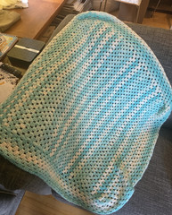 Handmade Crochet Blue & White Stripe Blanket, Square 34×34″