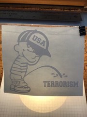 Calvin USA Pee On Terrorism BIG – WHITE – Vinyl Decal – MM4.1444