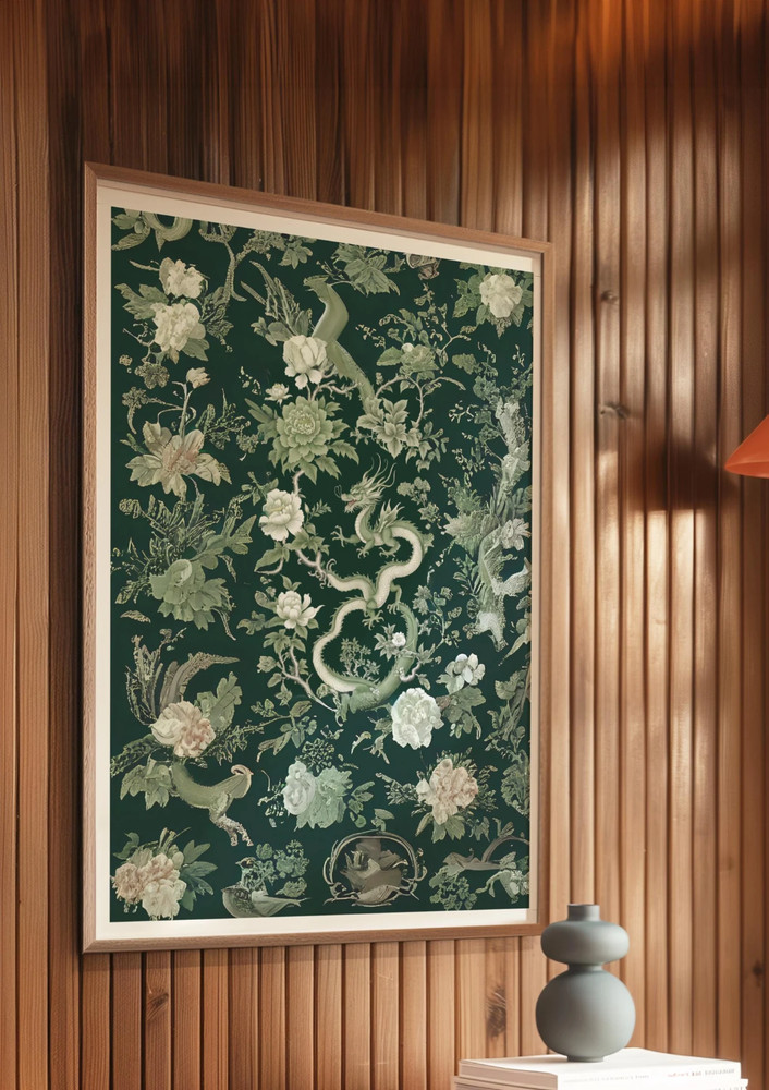 Green Botanical Dragon Chinoiserie Art Print, Framed Chinoiserie Decor Asian Art