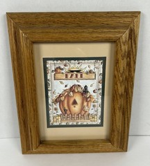 VTG Oak Framed Fall Wall Art Pumpkins Crow Black Cat Whimsical Cottagecore 10″x7