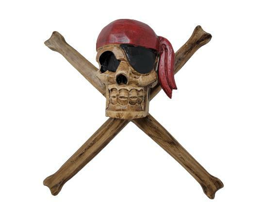 Wooden Pirate Skull and Crossbones Wall Beach House Tiki Bar Pool Decor 12"x12"