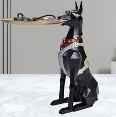 Decorative Doberman Butler Statue with Tray, Black Resin Dog Figurine, 11.6 x 5.