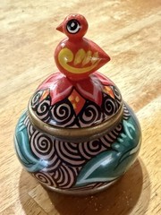 Hand Painted Wooden Lidded Trinket Box Bird Finial Folk Art Colorful Small