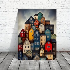 Canvas Wall Art Folk Art COLORFUL HOUSES 12 X 16 740