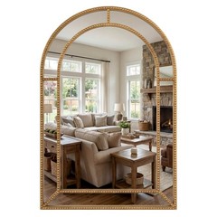 36″ x 24″ Gold Arched Wall Mirror with Beaded Frame for Living Room, Entryway