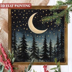 Moonlit Forest Wooden Plaque Cottagecore Rustic Night Sky Nature Home Decoration