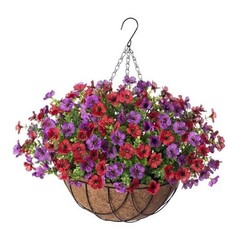 Artificial Silk Flowers Hanging Basket for Outdoor Indoor, Daisy Reddish Purple
