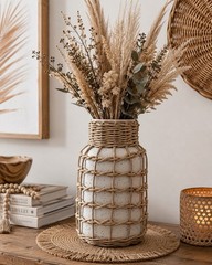 Boho Coastal Rattan Wrapped Ceramic Vase Cream Speckled Wicker Decor 10.5”