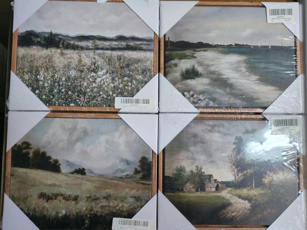 Set Of 4, Framed Landscape Print Modern Canvas Wood Art Horizontal Each 8"x10"