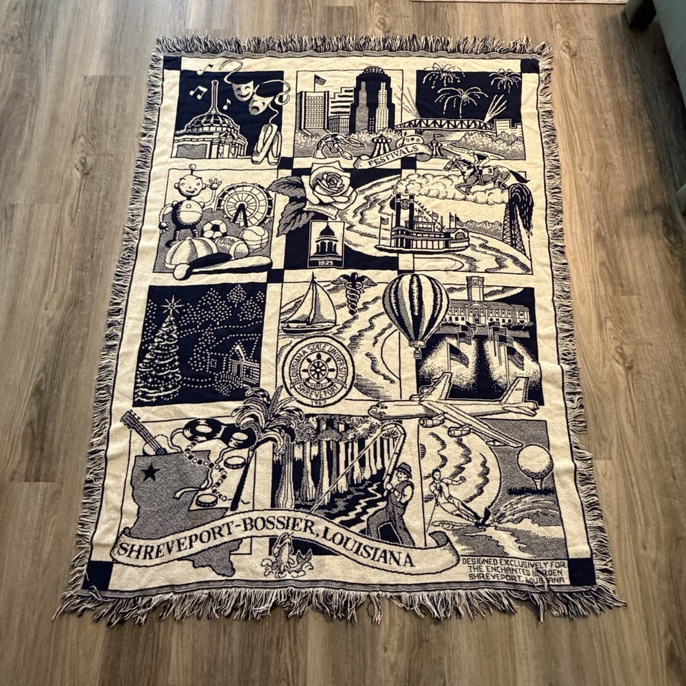 Shreveport - Bossier Louisiana VTG Fringed Tapestry Wall Blanket 48 X 62