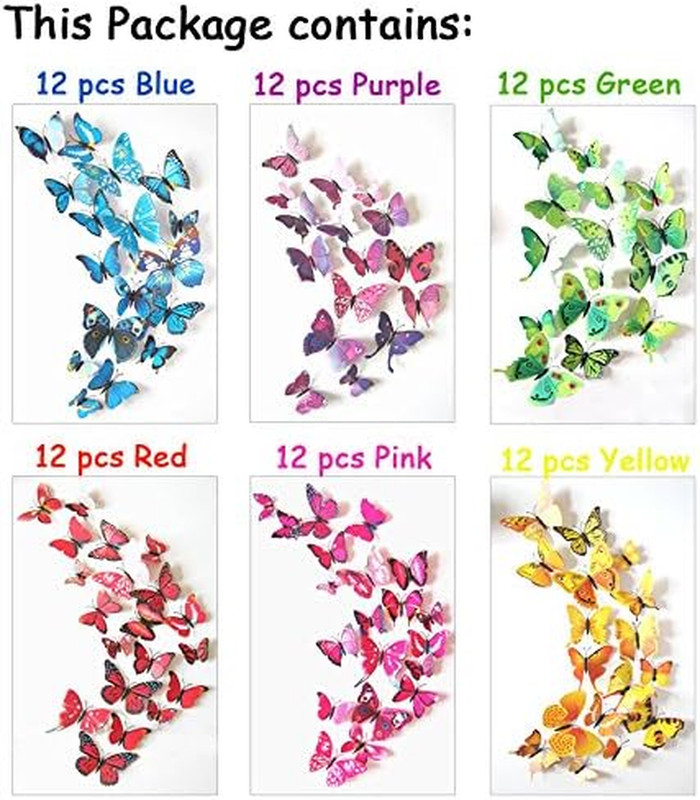 72 Pcs 6 Packs Beautiful 3D Butterfly Wall Decals Removable DIY Home Decorations gallery