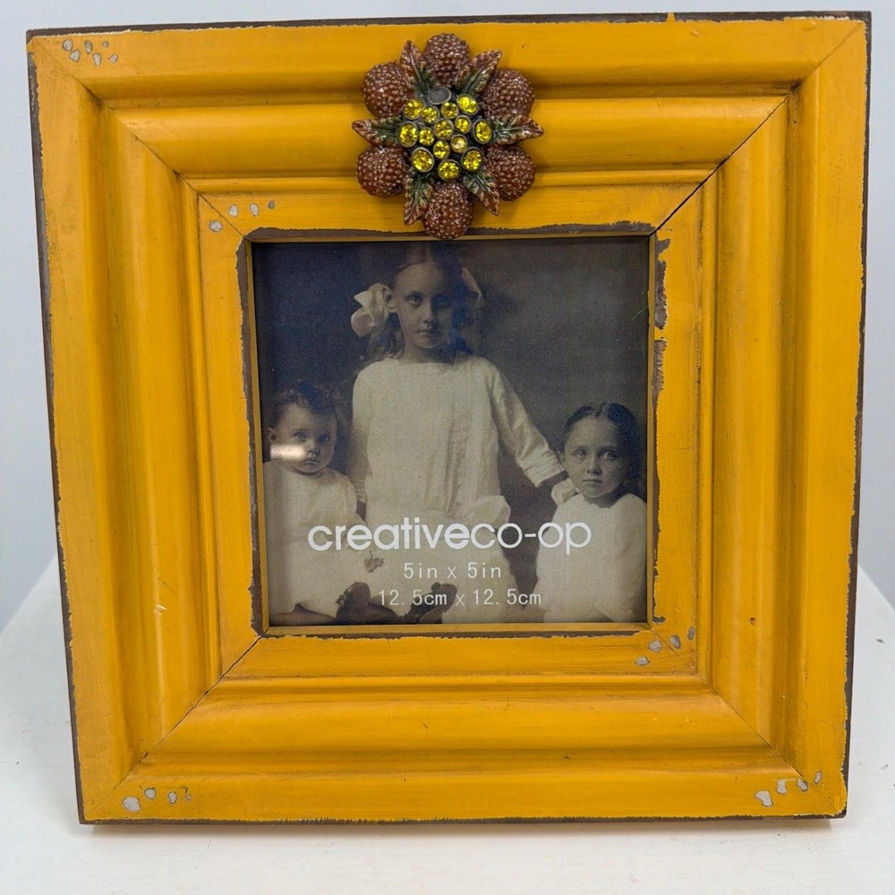 Creative Co-Op Yellow Wood 5x5 Picture Frame Floral Jeweled Rustic Distressed