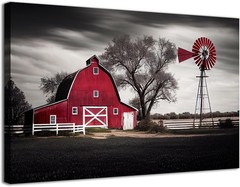 Windmill Wall Decor Farmhouse Red Barn Wall Art Vintage Country Landscape Canvas
