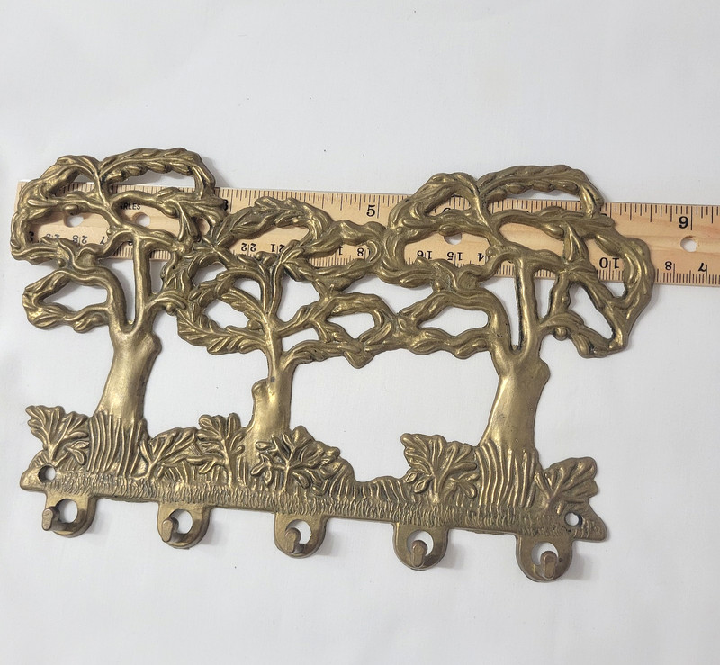 Vtg Brass Metal Bronze 3 Trees Design 5 Hooks Keys Wall Mount Rack 8.5" gallery