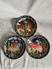 Vintage 3D Decorative Wall Plaques with Whimsical Cactus Southwestern Scene RARE