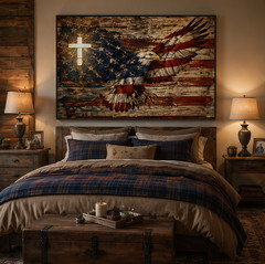 American Flag Bald Eagle with Cross Canvas Wall Art – Rustic Home Decor Print