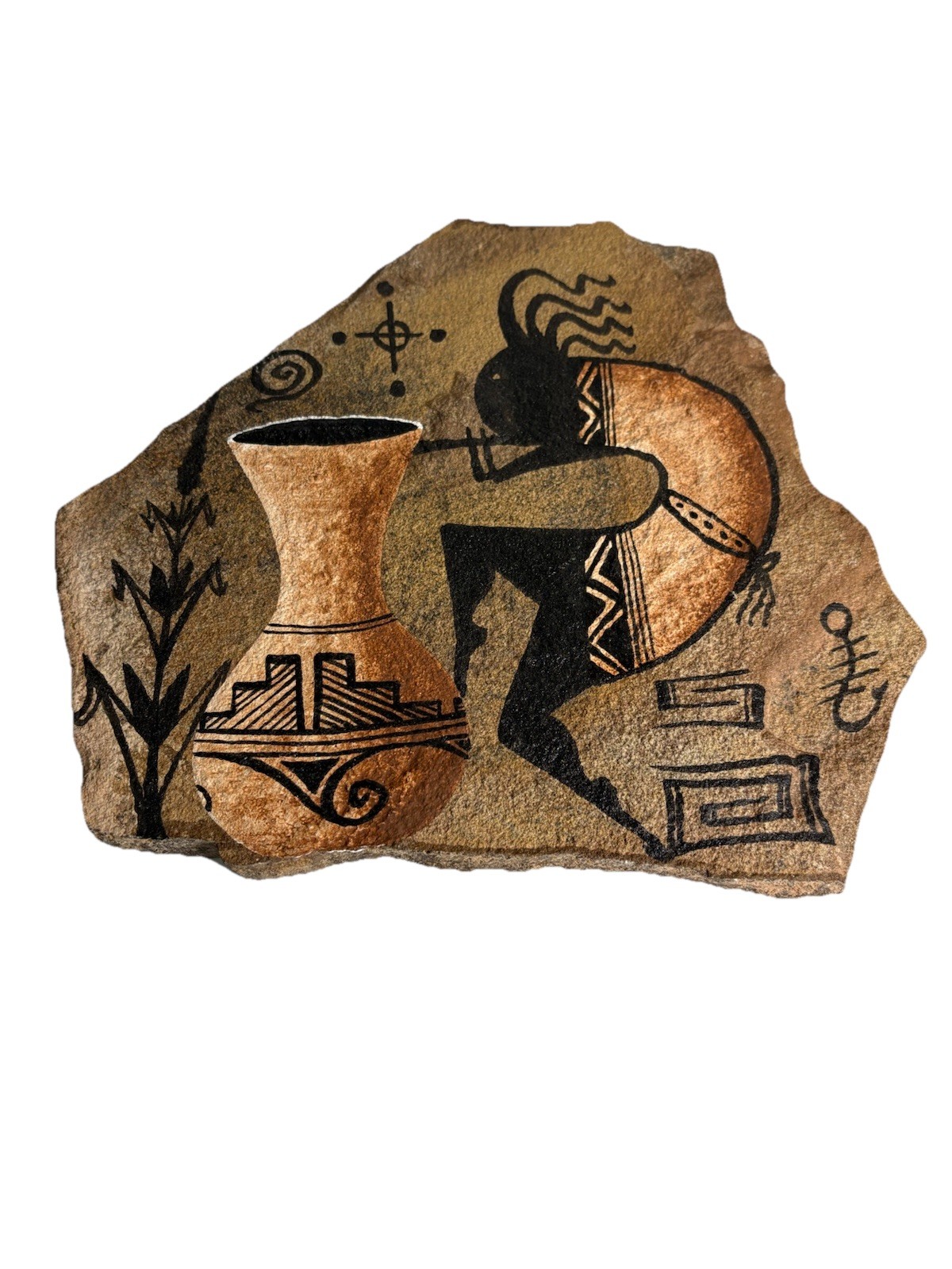Kokopelli Stone Art Plaque Southwest Native Style Hand Painted Rock 8” gallery