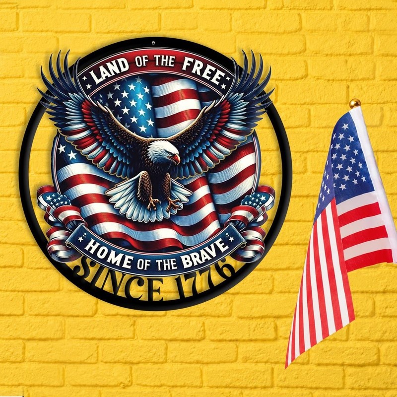 Land Free Home Brave Metal Sign Patriotic Eagle American Flag Wall Art Decor gallery