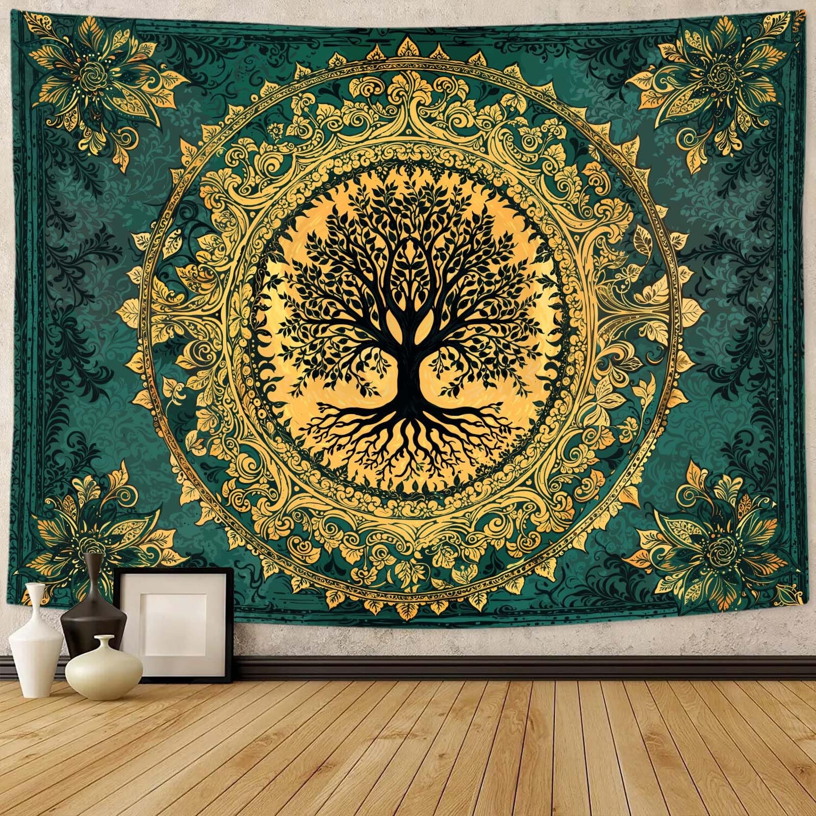 Zussun Tree of Life Fantasy Forest Tapestry Vintage 48"L x 36"W, Gold Yellow gallery