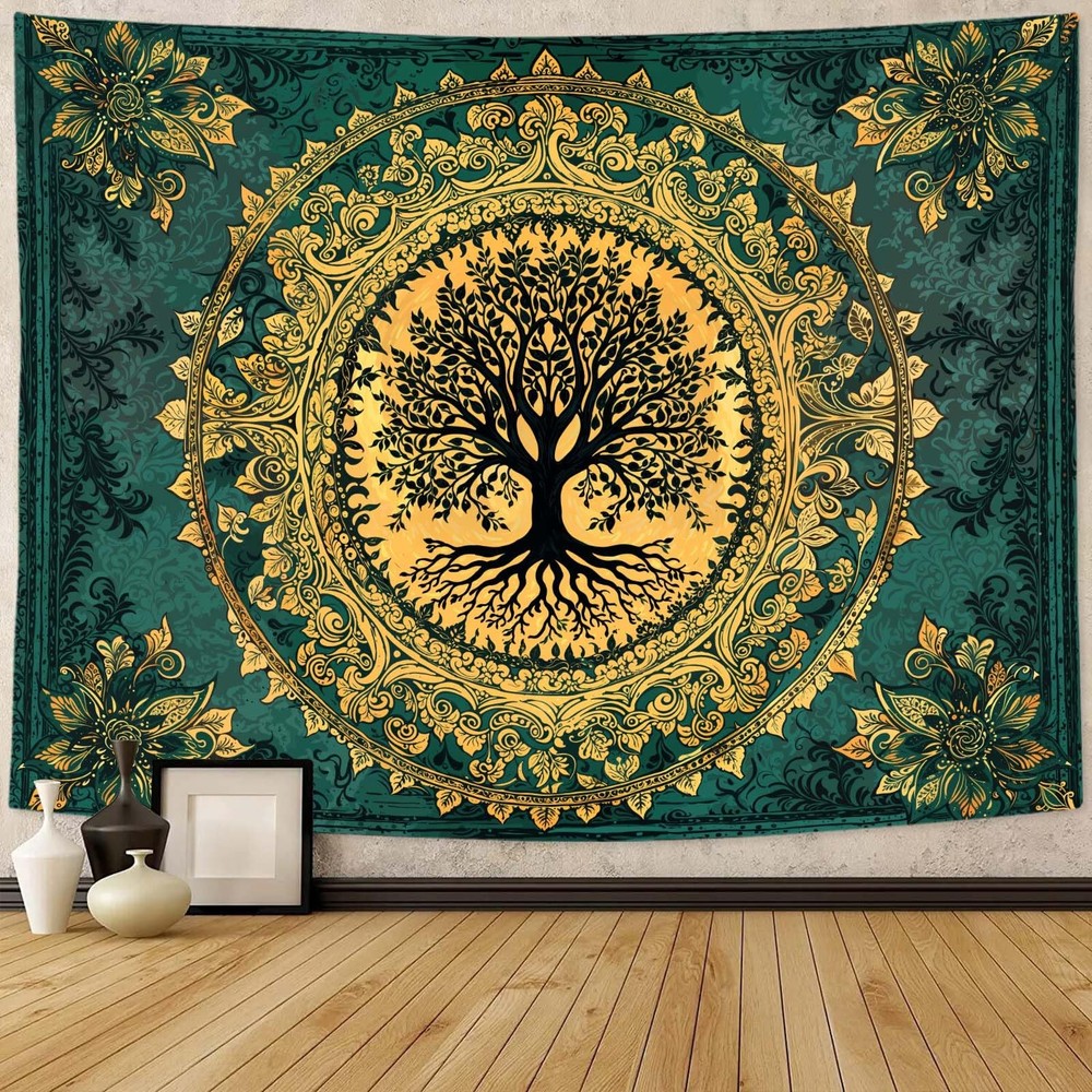 Zussun Tree of Life Fantasy Forest Tapestry Vintage 48"L x 36"W, Gold Yellow