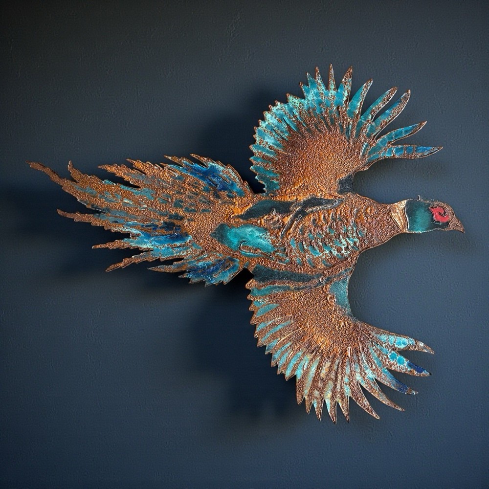 Large Metal Pheasant Wall Decor Turquoise Rust Color Bird Feathers Cabin Rustic