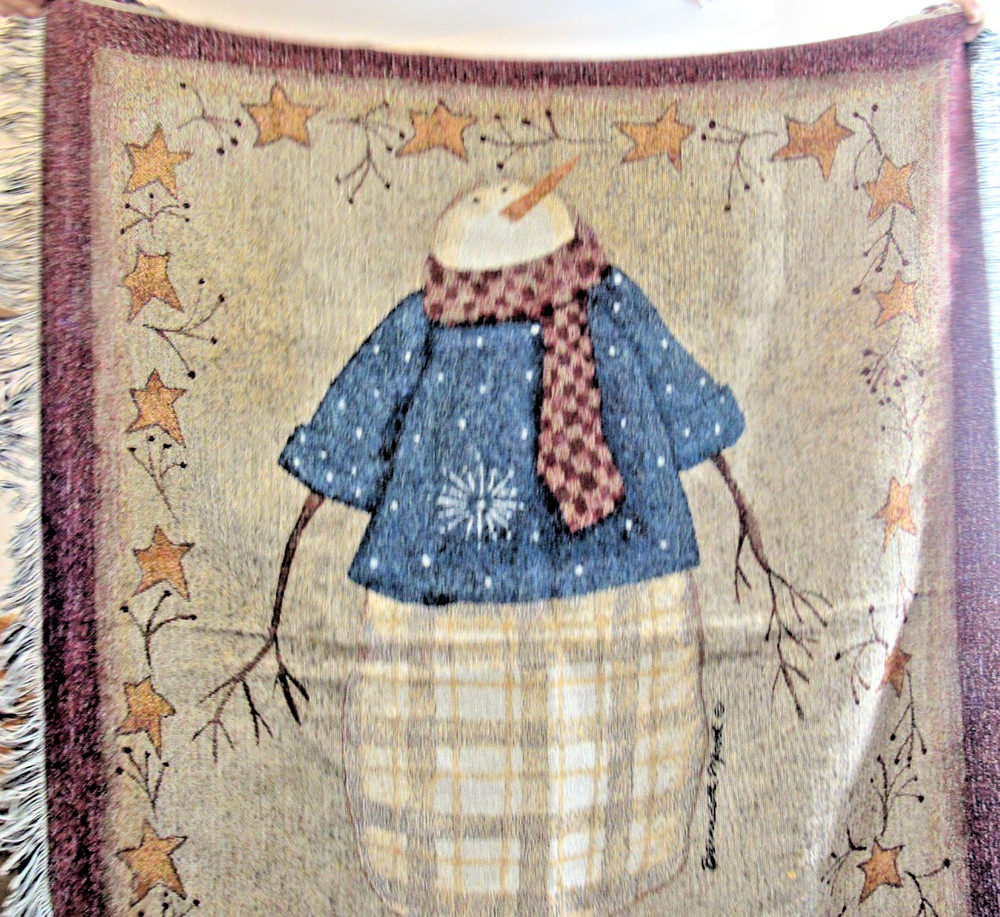 Snowman Winter Scene Throw Blanket 46x58 Afghan Tapestry Rustic Cabin 48" x 60"