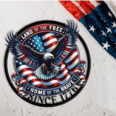 Land Free Home Brave Metal Sign Patriotic Eagle American Flag Wall Art Decor