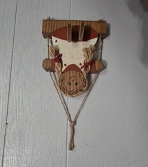 Rustic Wood Hanging Girl Doll Plaque Sign w/ Jute Rope & Yarn Hair Red/White