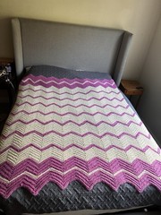 Hand Crochet Afghan Blanket Pink White Orange Yellow Chevron ZigZag Retro 68×58