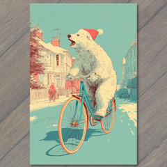 Art Print Polar Bear Santa Hat Riding Bike Winter Street Holiday Whimsy