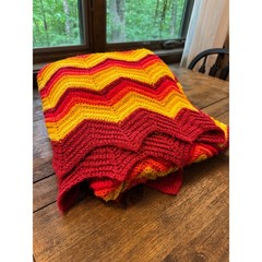 Vintage Handmade Crochet Blanket Red Orange Yellow Chevron Ripple Throw
