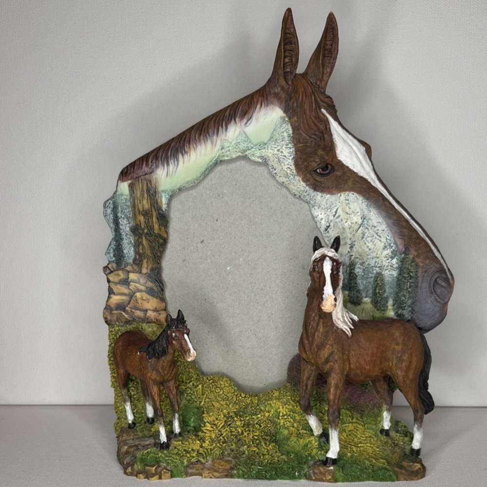 Resin Horse Theme Photo Frame Freestanding Rear-Loading Fits 4.5 x 5.5 Brown