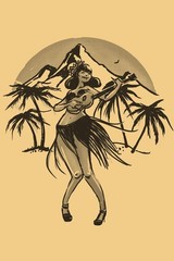 Hula Girl Dancer Dancing In Hawaii Volcano Palm Trees Retro Vintage Beach Sunset