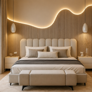 Soft Neutral Minimalist Bedroom with Sculptural Lighting