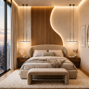 Elegant Modern Bedroom with Sculptural Lighting